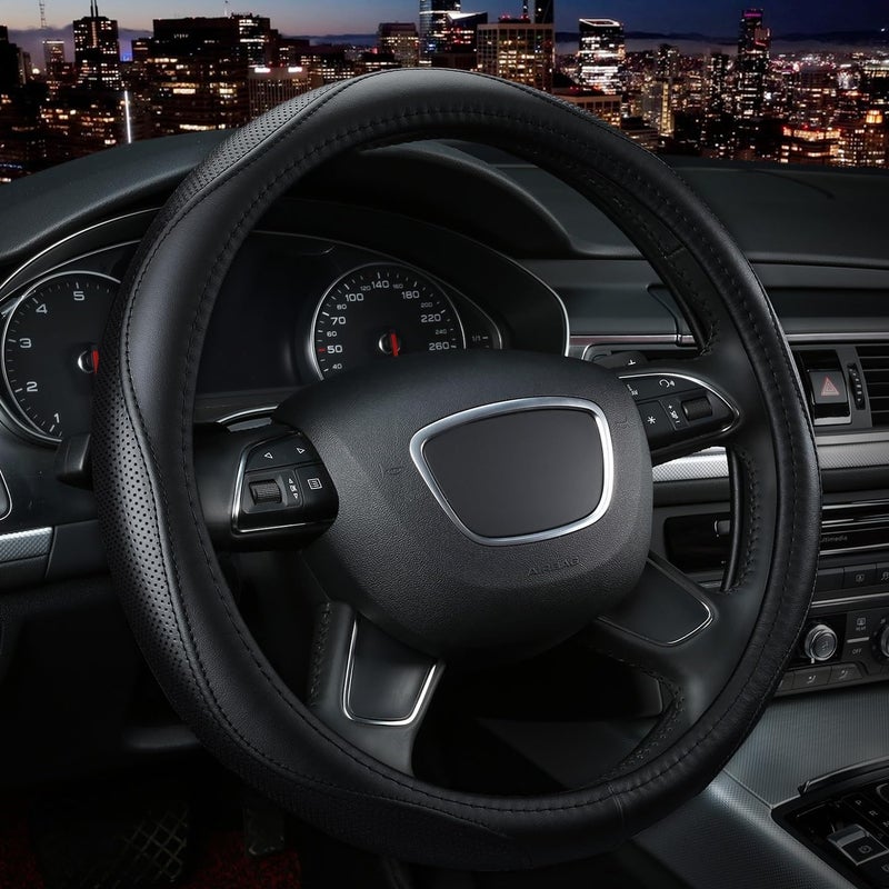 KAFEEK Steering Wheel Cover, Universal 15 inch, Microfiber Leather, Anti-Slip, Odorless, Black Lines - Image 1